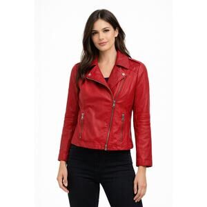 Zara Woman Premium Denimwear Red Genuine Leather Moto Biker Jacket Lined Size M